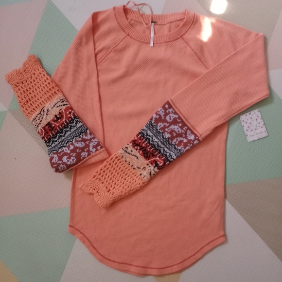 FREE PEOPLE Coral Peachy Thermal Long Sleeve Top Size Large - Picture 7 of 9
